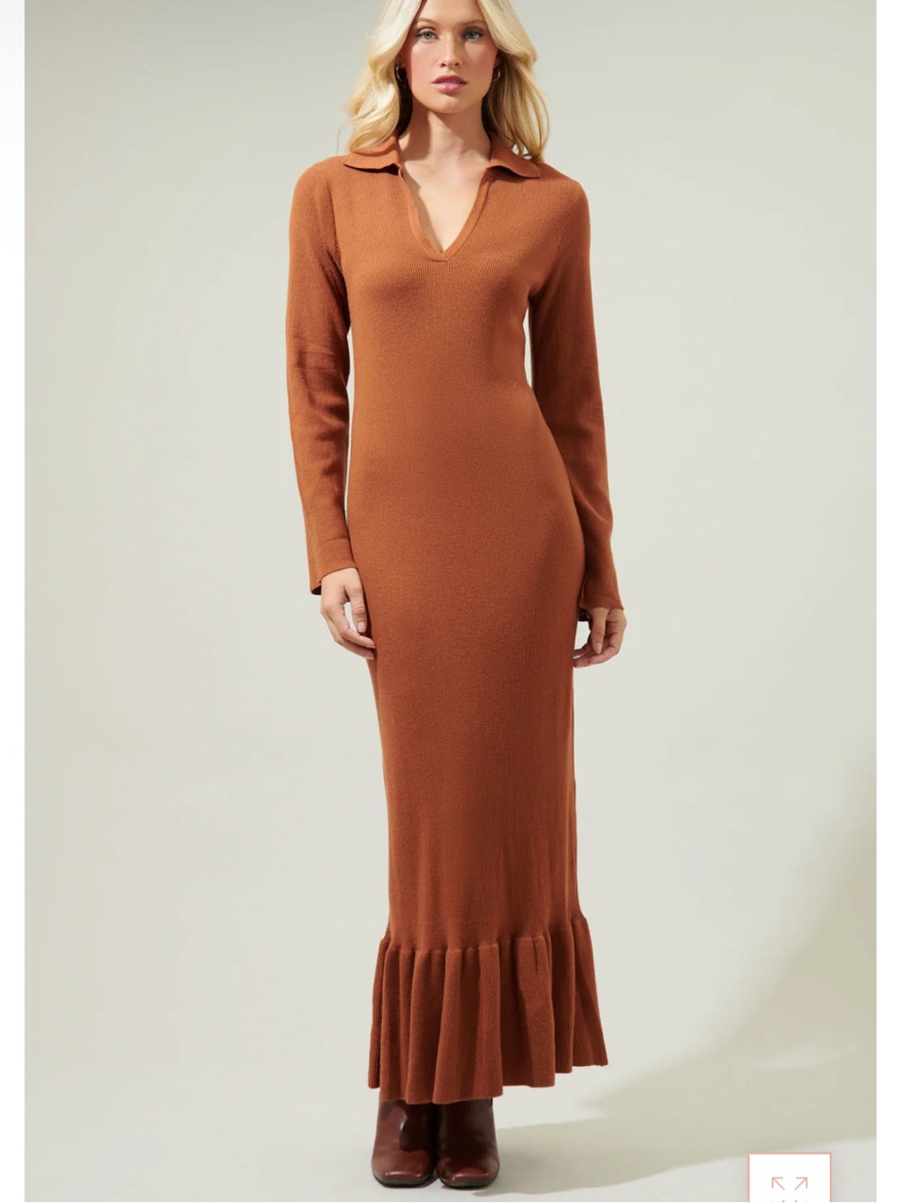 Super soft! Sugarlips Rust Long Sleeve Collared Maxi Dress small